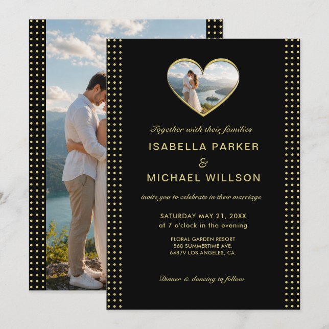 Gold & Black Polka Dot Personalised wedding Invitation (Front/Back)
