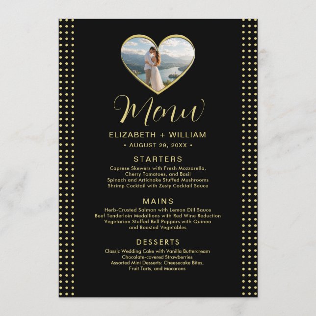 Gold & Black Polka Dot Personalised wedding Menu (Front)