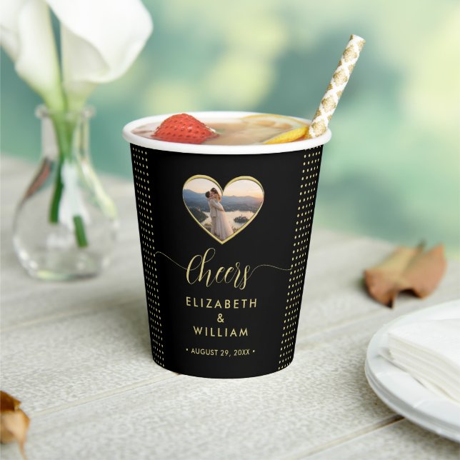 Gold & Black Polka Dot Personalised wedding Paper Cups (Insitu)