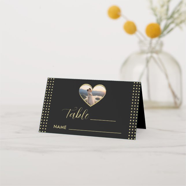 Gold & Black Polka Dot Personalised wedding Place Card (Front)