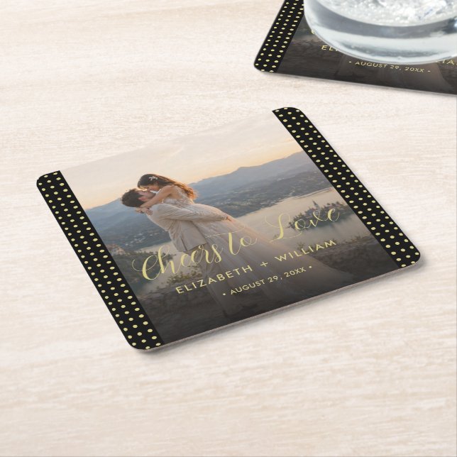 Gold & Black Polka Dot Personalised wedding Square Paper Coaster (Angled)