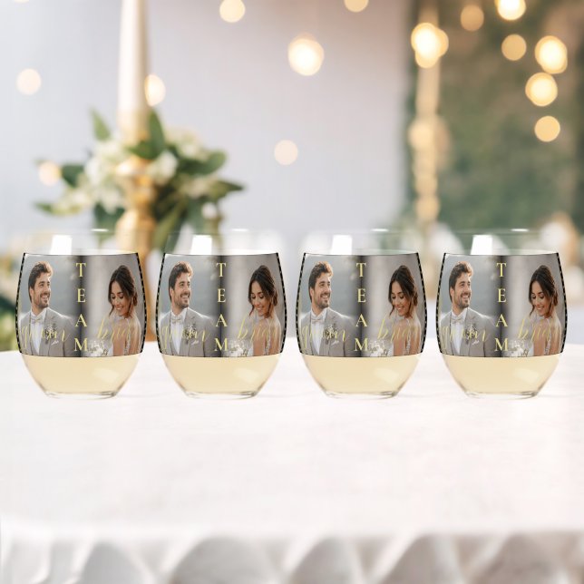 Gold & Black Polka Dot Personalised wedding Stemless Wine Glass (Insitu (Wedding))