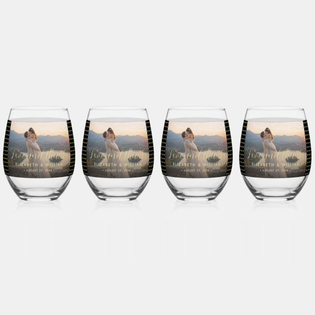 Gold & Black Polka Dot Personalised wedding Stemless Wine Glass (Front)