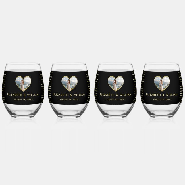 Gold & Black Polka Dot Personalised wedding Stemless Wine Glass (Back)