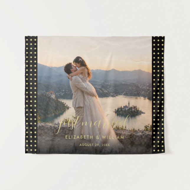 Gold & Black Polka Dot Personalised wedding Tapestry (Front (Horizontal))