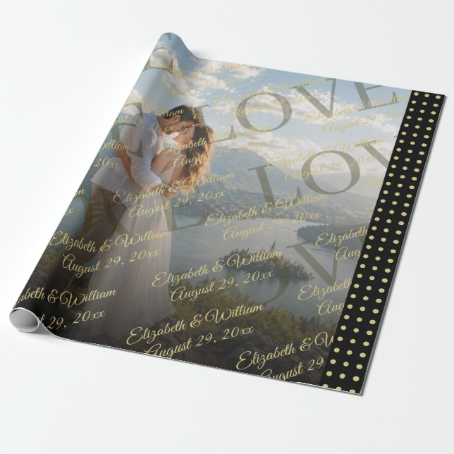Gold & Black Polka Dot Personalised wedding Wrapping Paper (Unrolled)