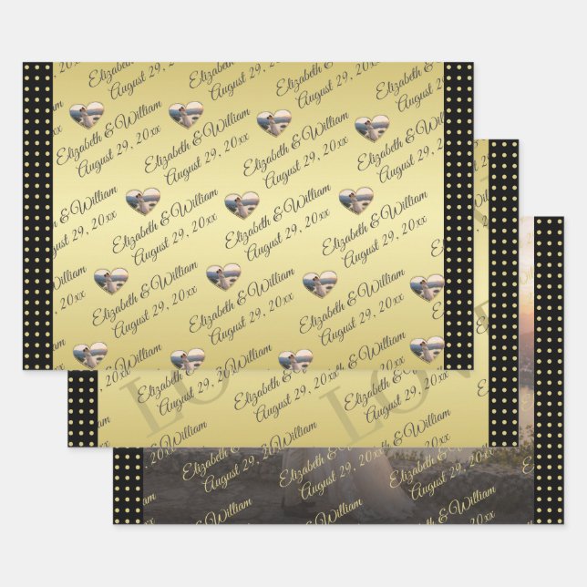 Gold & Black Polka Dot Personalised wedding Wrapping Paper Sheet (Set)