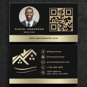 Gold Black QR Code Real Estate Realtor Business Card