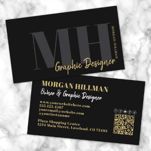 Gold Black QR Code Trendy Monogram Business Card