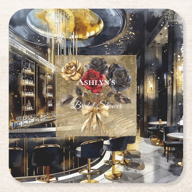 Gold Black Red Night Club Floral Bridal Shower  Square Paper Coaster (Front)