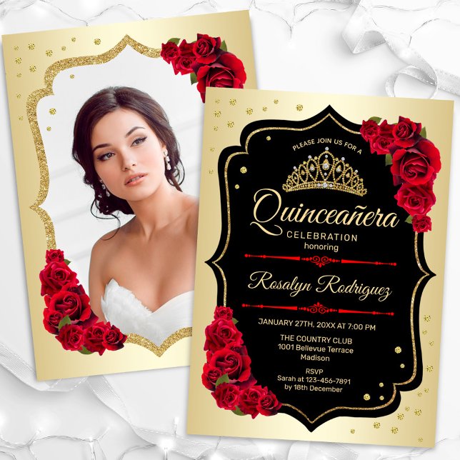 Gold Black Red Photo Quinceanera Invitation (Creator Uploaded)