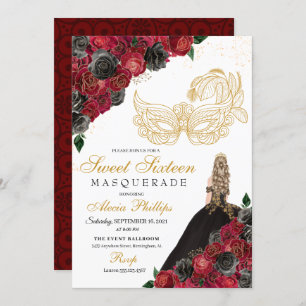 Gold Black Red Roses Masquerade Sweet 16 Invitation