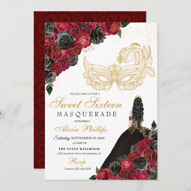 Gold Black Red Roses Masquerade Sweet 16 Invitation (Front/Back)