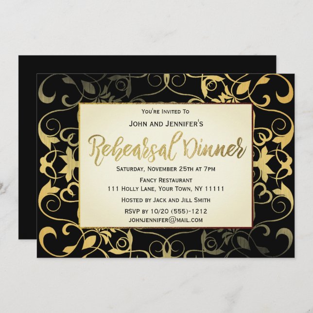 Gold Black Rehearsal Dinner Invitation (Front/Back)