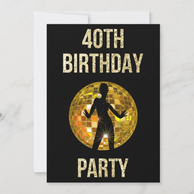 Gold & Black Retro Disco Glitter Ball 40th Party Invitation (Front)