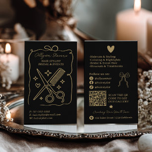 Gold Black Retro Doodles Hair Stylist QR Code Business Card