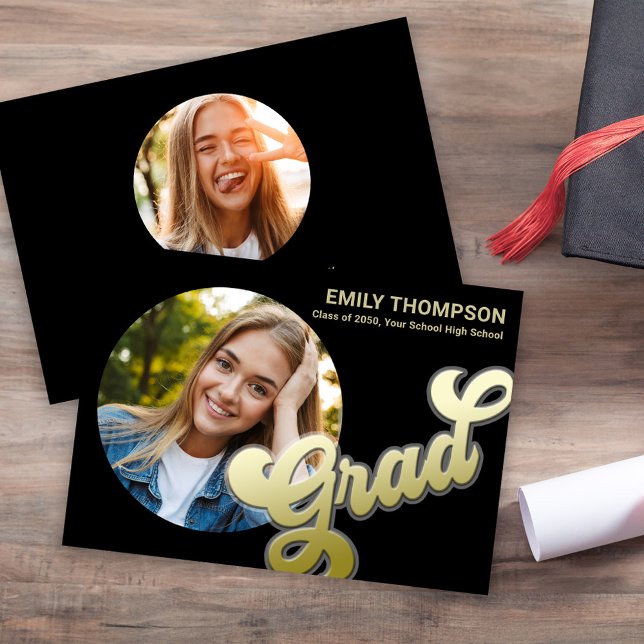 Gold Black Retro Graduation Party Photo Invitation (Graduation gold typography circle photo invitation template.)