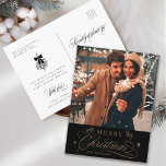Gold & Black Romantic Merry Christmas Photo<br><div class="desc">This Christmas photo postcard featuring elegant and romantic swirly calligraphy lettering with pinecone twigs,  stars and custom text message on the back. For more advanced customisation of this design,  please click the BLUE DESIGN TOOL BUTTON above!</div>