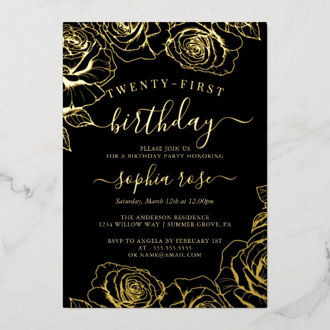 Gold Black Rose Foil 21st Birthday  (Front)