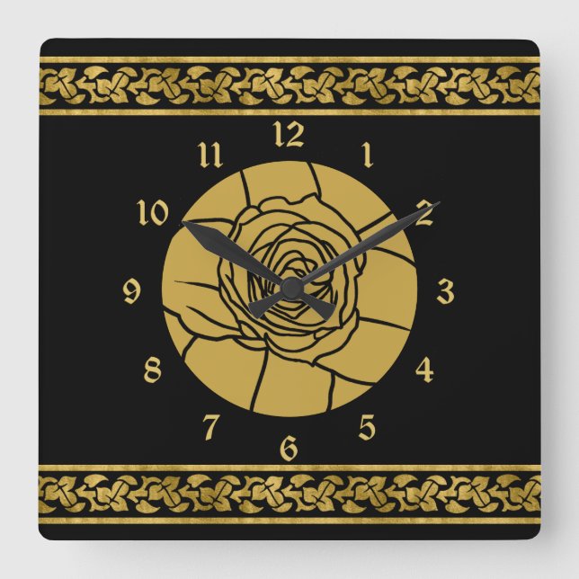 Gold Black Rose Leaf Border Minimalist Square Wall Square Wall Clock (Front)