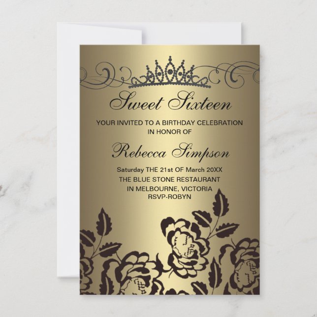 Gold & Black Rose & Tiara Birthday Invitation (Front)