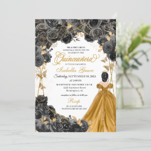 Gold Black Roses Butterfly Glitter Quinceañera Invitation