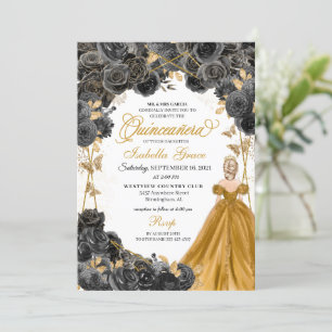 Gold Black Roses Butterfly Glitter Quinceañera Invitation