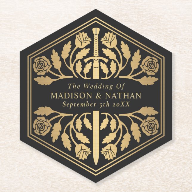 Gold Black Royal Mediaeval Sword Wedding Paper Coaster (Front)