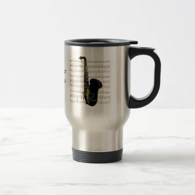 Gold Black Saxophone on Gold Sheet Music Travel Mug (Right)