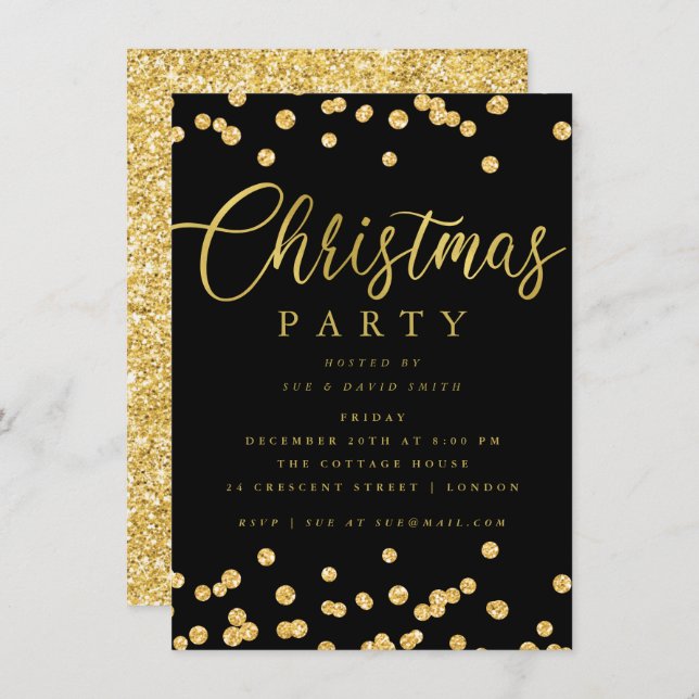 Gold Black Script Confetti Holiday Christmas Party Invitation (Front/Back)