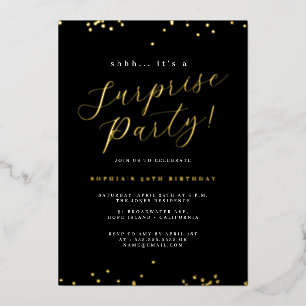 Gold Black Script Confetti Surprise Party