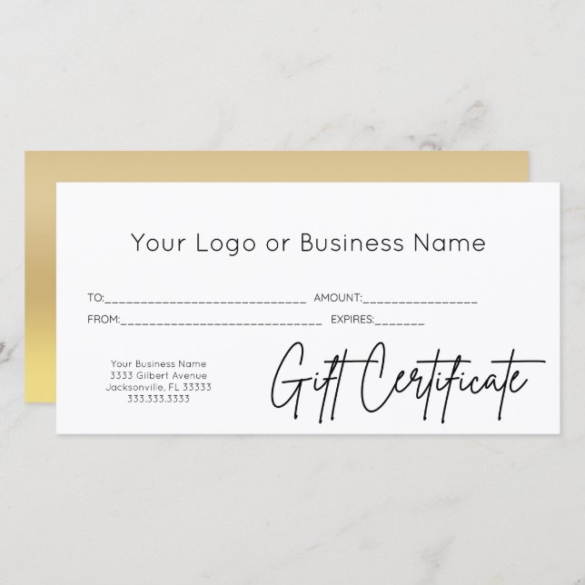 Gold Black Script Logo Business Gift Certificate (Front/Back)