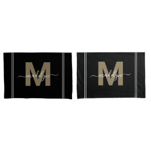 Gold Black Script Name Monogram Pillowcase