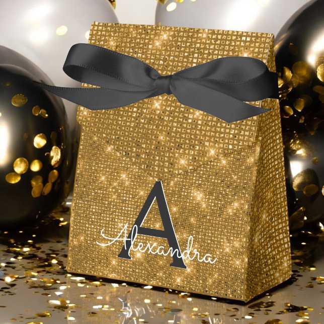 Gold & Black Shimmer Monogram - Add Your Name Favour Box (Creator Uploaded)