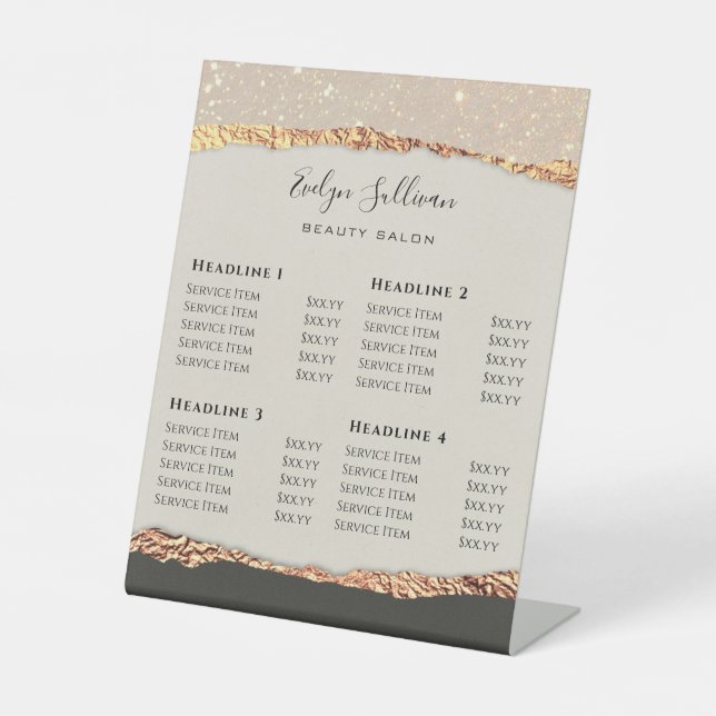 Gold Black Shimmer Paper Price List Pedestal Sign (Front)