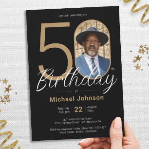 Gold Black Simple Chic Custom Photo 50th Birthday Invitation