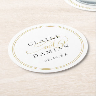 Gold Black Simple Elegance Romantic Script Wedding Round Paper Coaster