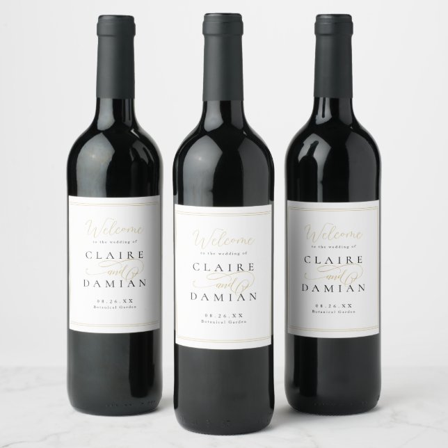 Gold Black Simple Elegance Romantic Script Wedding Wine Label (Bottles)