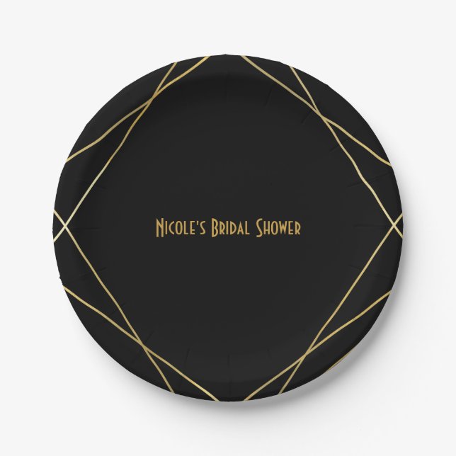 Gold & Black Simple Elegant Modern Glam Deco Party Paper Plate (Front)