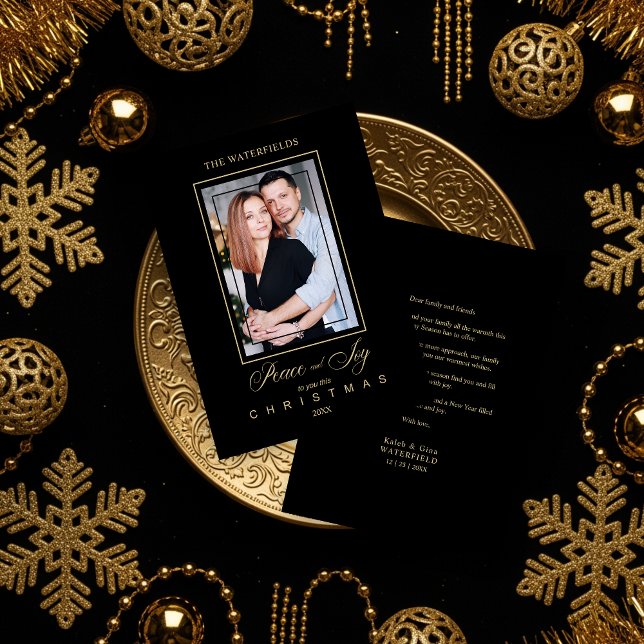 Gold Black Simple Modern Christmas Photo Family (Gold Black Minimalist Modern Christmas Photo Family Holiday Cards.)