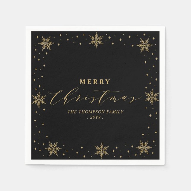 Gold & Black Snowflake Christmas Holiday Party Napkin (Front)