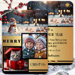 Gold Black Snowman Photo Christmas Holiday Card<br><div class="desc">An elegant Christmas Holidays card featuring 2 of your own custom photos on a gold black design with a snowman. On the back are your New Year wishes.</div>
