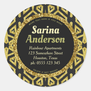 Gold Black Sparkle Bold Pattern Return Address Classic Round Sticker