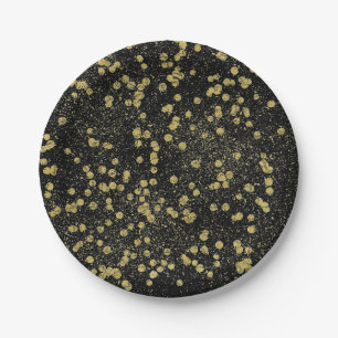 Gold Black Sparkle Confetti Dots Paper Plate