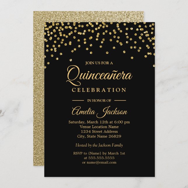 Gold Black Sparkle Confetti Quinceanera Invitation (Front/Back)