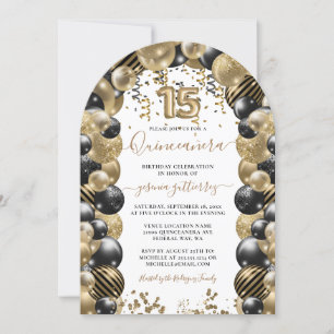Gold Black Sparkle Quinceanera Balloon Invitation