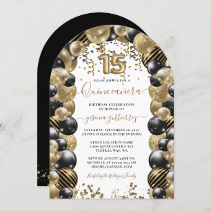 Gold Black Sparkle Quinceanera Balloon Invitation