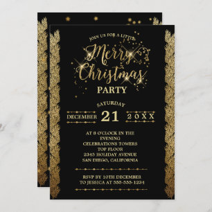 Gold Black Sparkles Merry Christmas Party Invitation