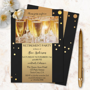 Gold Black Sparkling Confetti Photo Retirement Invitation