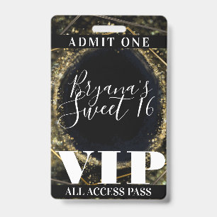 Gold Black Sparkling Lights Glam Sweet 16 VIP Pass ID Badge